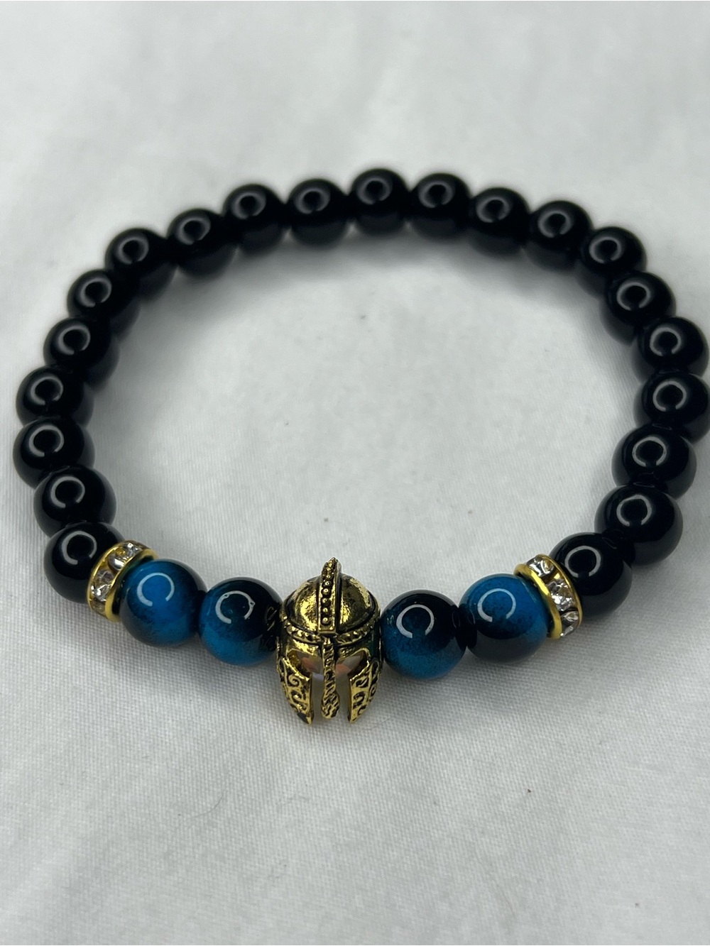 Gladiator Helmet Bead Bracelet in Black and Blue Tiger eyes